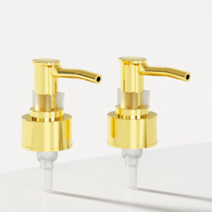 Two gold 24/410 and 28/410 plastic lotion pumps sit side by side against a white background.