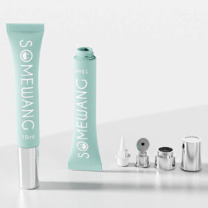 Two light teal "SOMEWANG" plastic tubes with silver caps are shown. An open D19mm tube displays its cap and nozzle components inline.