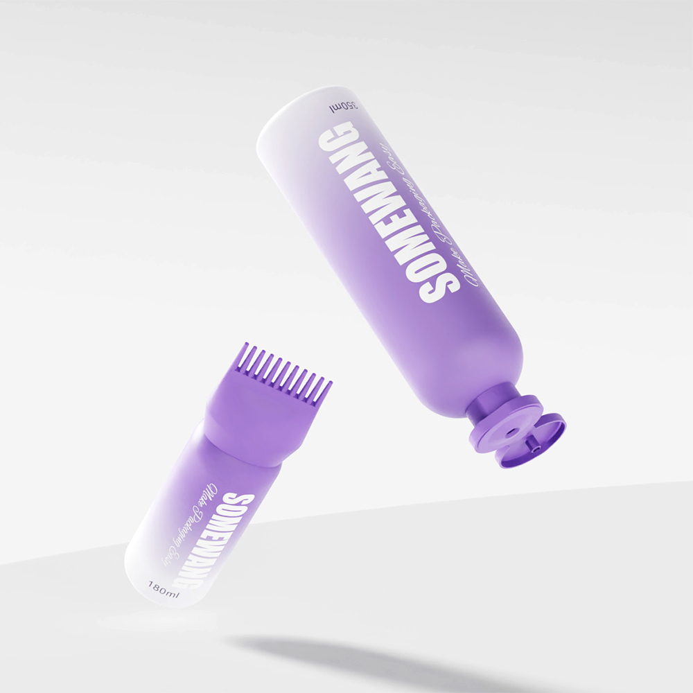 Two purple hair care bottles on a light background: one with an open flip-top cap, the other with a comb applicator.