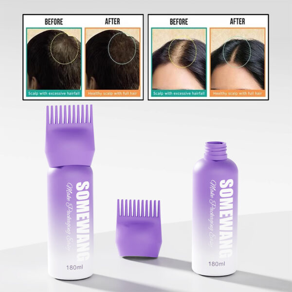 Before/after hair growth images feature purple-capped "Somewang" bottles and a comb, echoing sleek wholesale plastic jar designs.