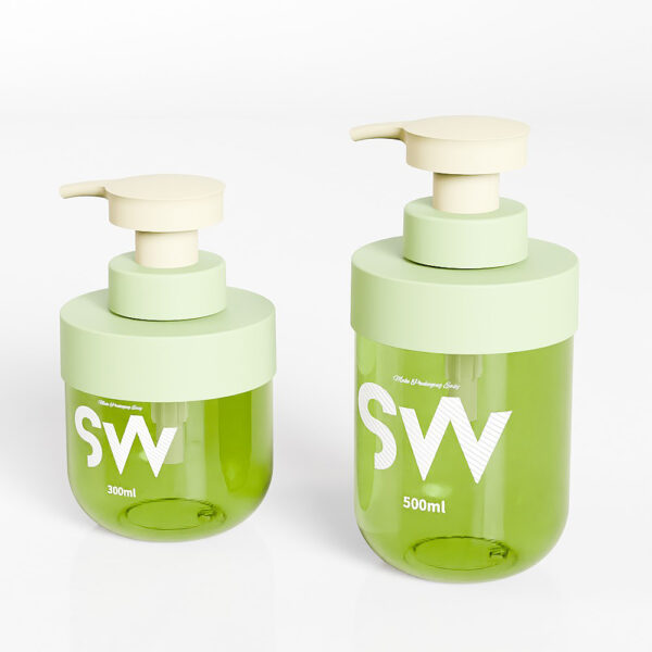 The collection has two green PET soap dispensers (300ml & 500ml) with shoulder covers, beige lotion pumps, and an "SW" logo.