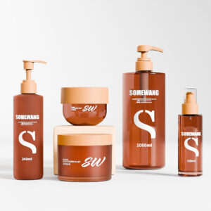 Discover the Somewang Winter Skincare Set in orange and beige. Includes pump bottles, a spray, and a cream jar to keep skin hydrated.