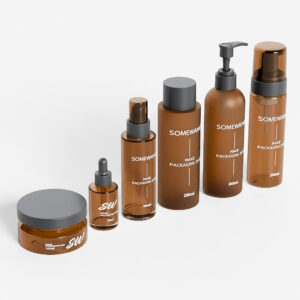 Seven brown Somewang Skincare Packaging bottles and jars are arranged in ascending order on a white background.