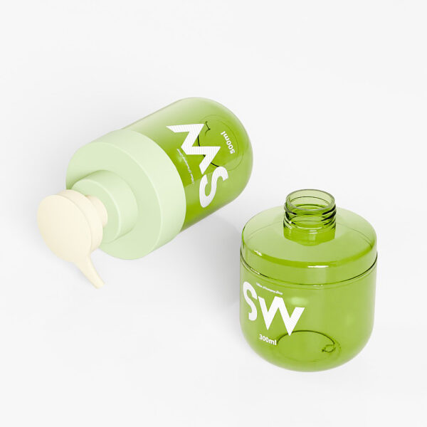 Two 300ml green PET jars labeled "MS," one upright with a pump, the other lying down with its screw cap off.