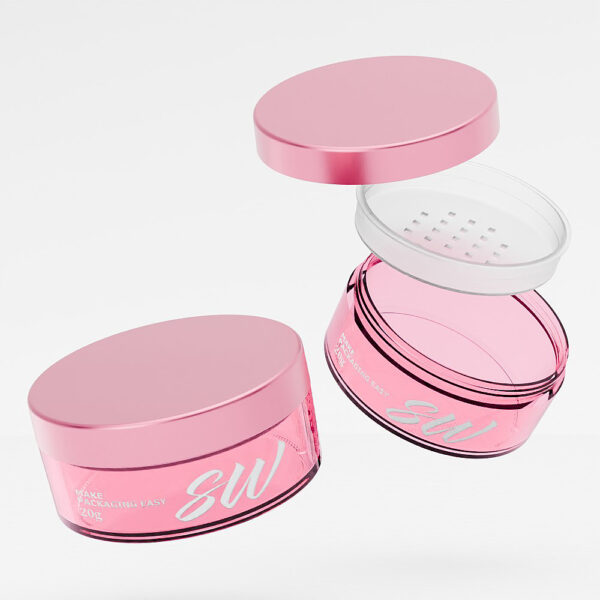 Dois recipientes de cosméticos SOMEWANG rosa: um pote personalizado de PS de 20 g para pó solto e um aberto com uma peneira e tampa flutuando acima.