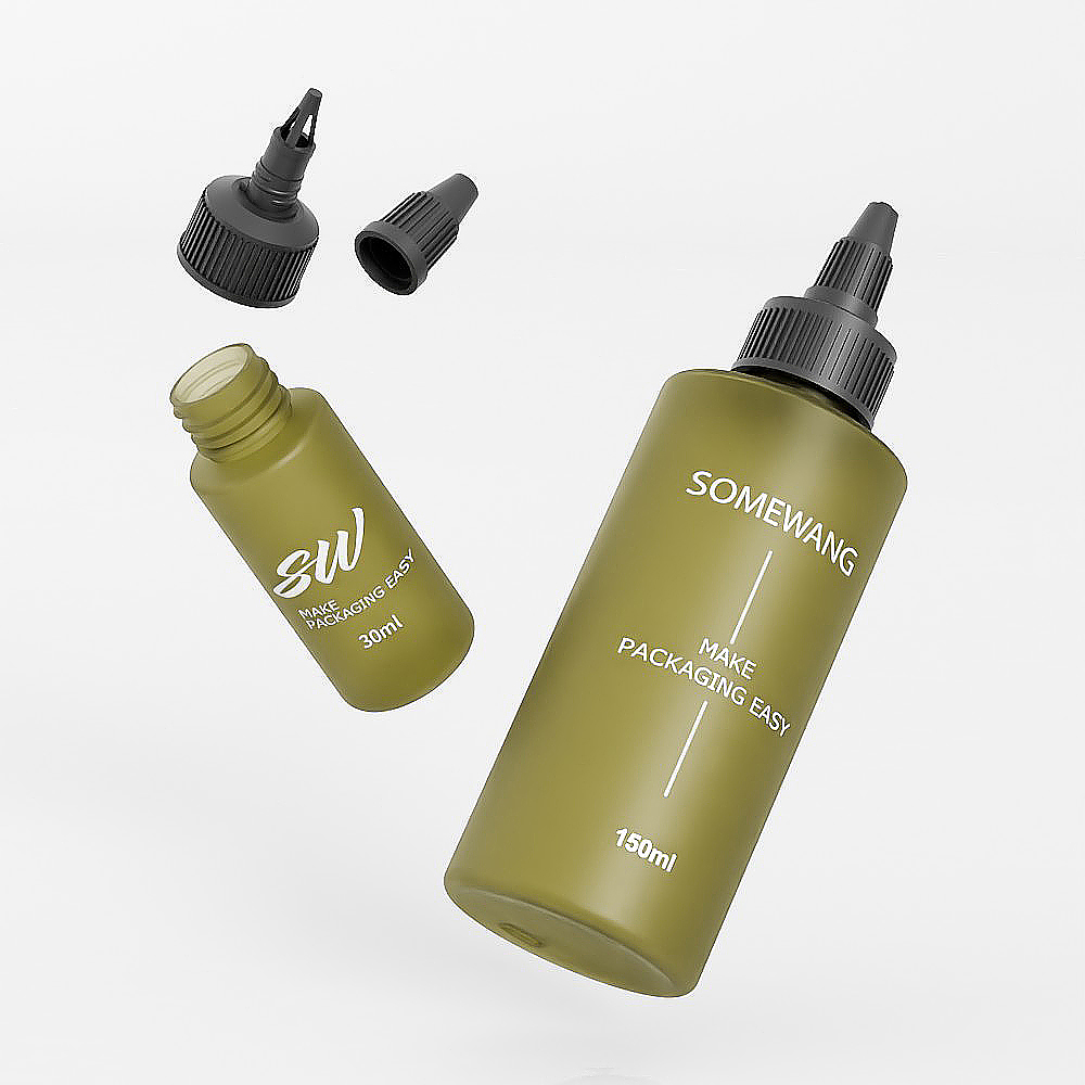 Two olive green plastic bottles labeled "SOMEWANG" & "SW," with nozzles/caps, float gracefully like HDPE hair color bottles.