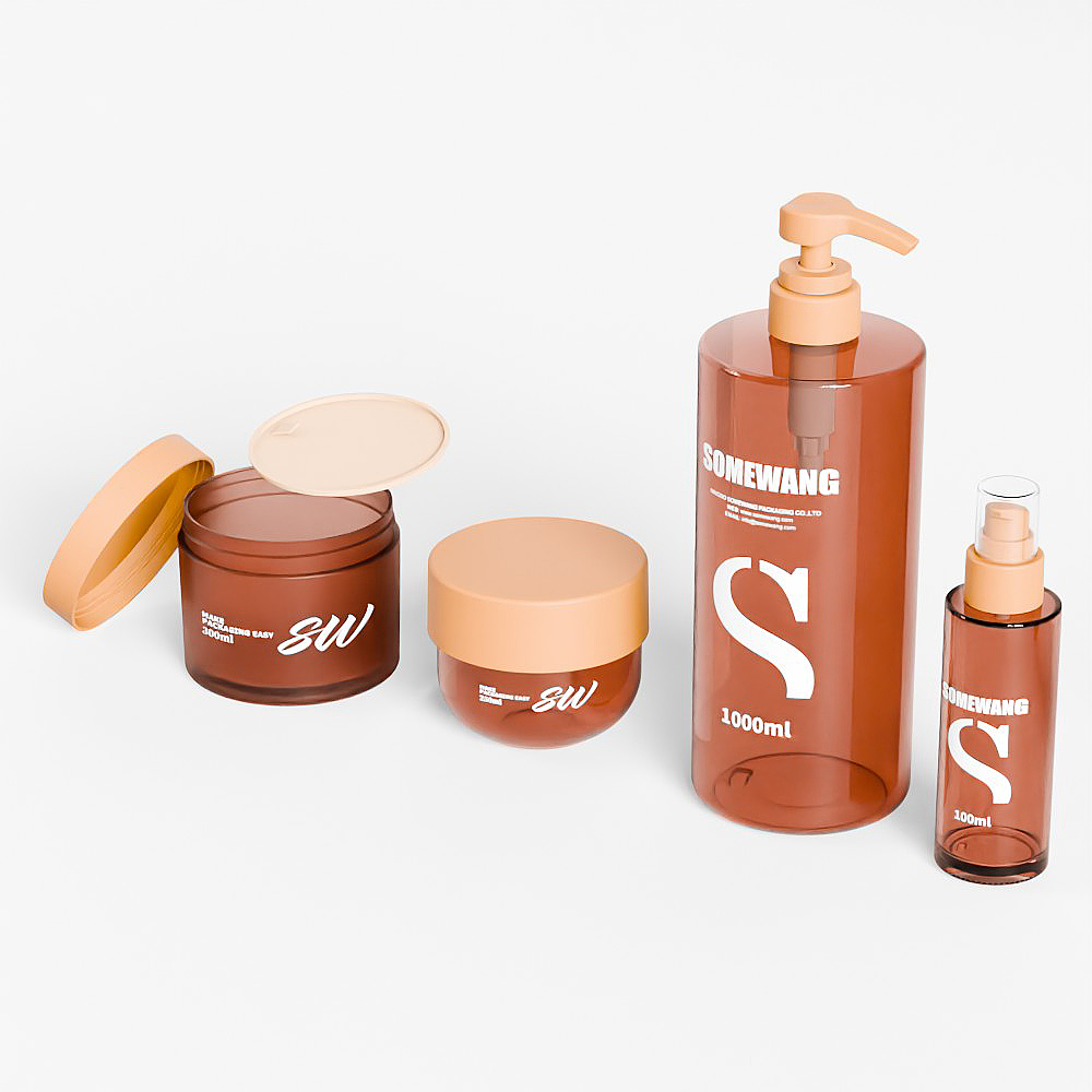 The "Somewang Winter Skincare Set" includes two tubs, a pump, and a spray bottle with beige lids, perfect for winter skin.