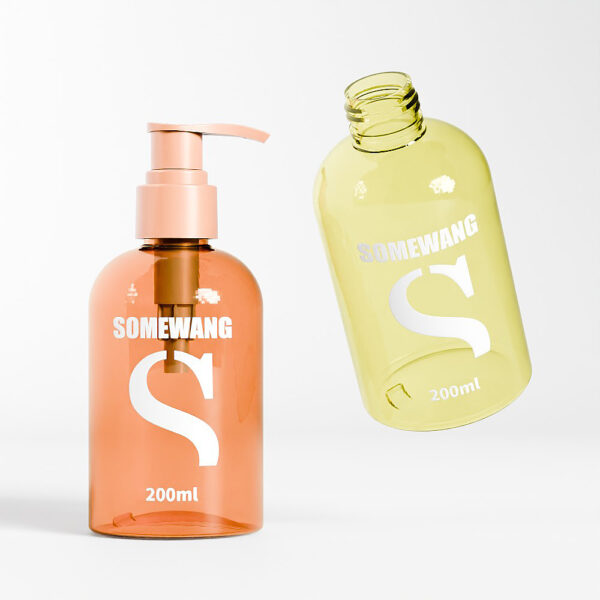 Two "Somewang" 200ml PET hand sanitizers in orange and yellow, shown against a white background, showcase their versatility.