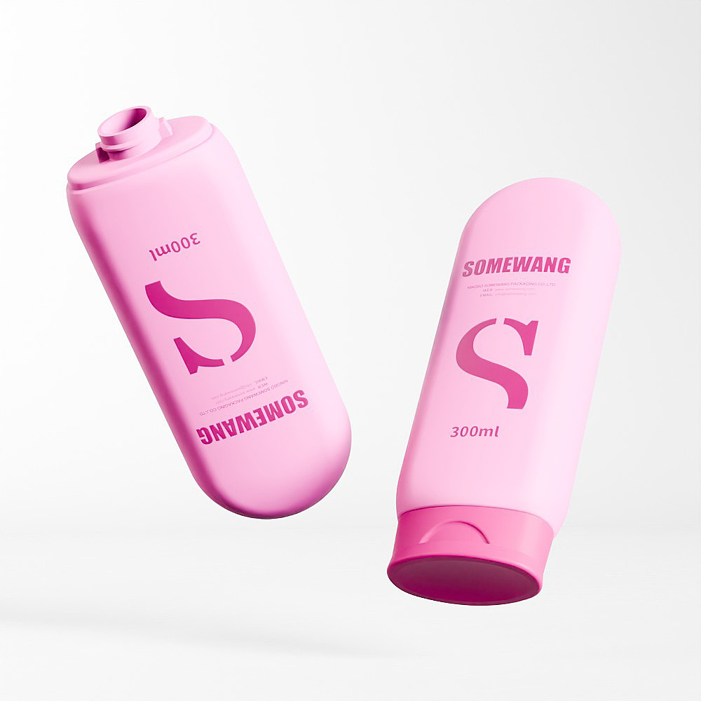 Two 300ml pink HDPE bottles labeled 'Upside Down' with 'SOMEWANG' logos, one upright and one inverted on a white background.