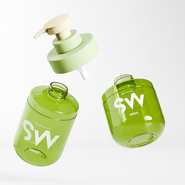 Two green "SW" bottles, 300ml and 500ml with shoulder covers, are displayed on white. One features a lotion pump for versatile use.