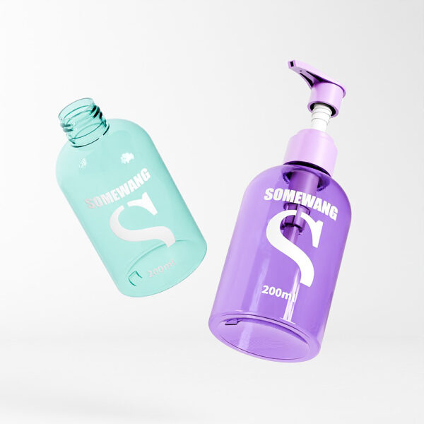 Two uncapped 200ml PET pump bottles, turquoise and purple, labeled "Somewang.