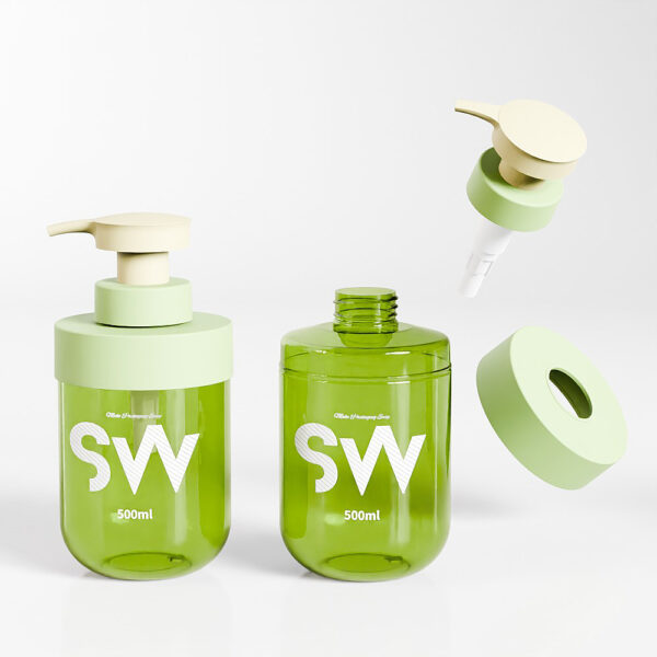 Two green "SW" PET jars: one 300ml with pump, one 500ml open; plus two extra pumps. Sleek design showcases practical aesthetics.