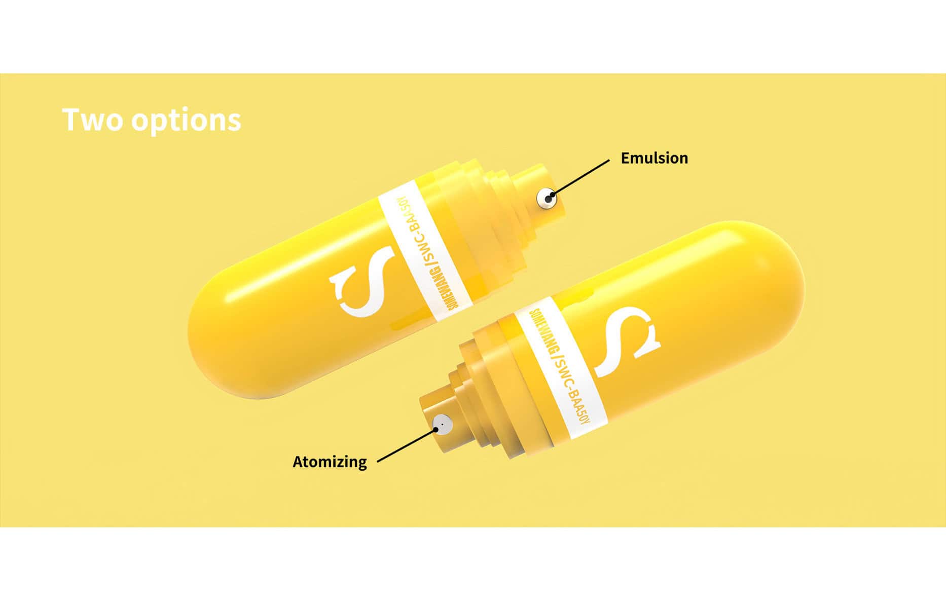 "에멀전"과 "분무"라는 라벨이 붙은 두 개의 노란색 캡슐 모양 용기는 혁신적인 역공기병 디자인을 선보입니다.