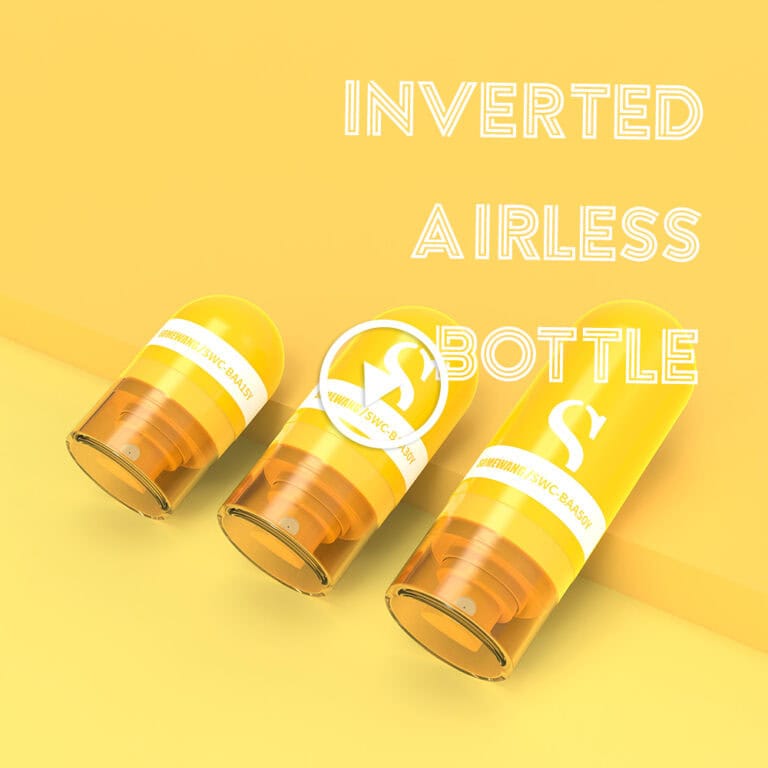 노란색 배경에 거꾸로 뒤집힌 노란색 병 3개가 있고 흰색으로 "INVERTED AIRLESS BOTTLE"이라고 쓰여 있음.