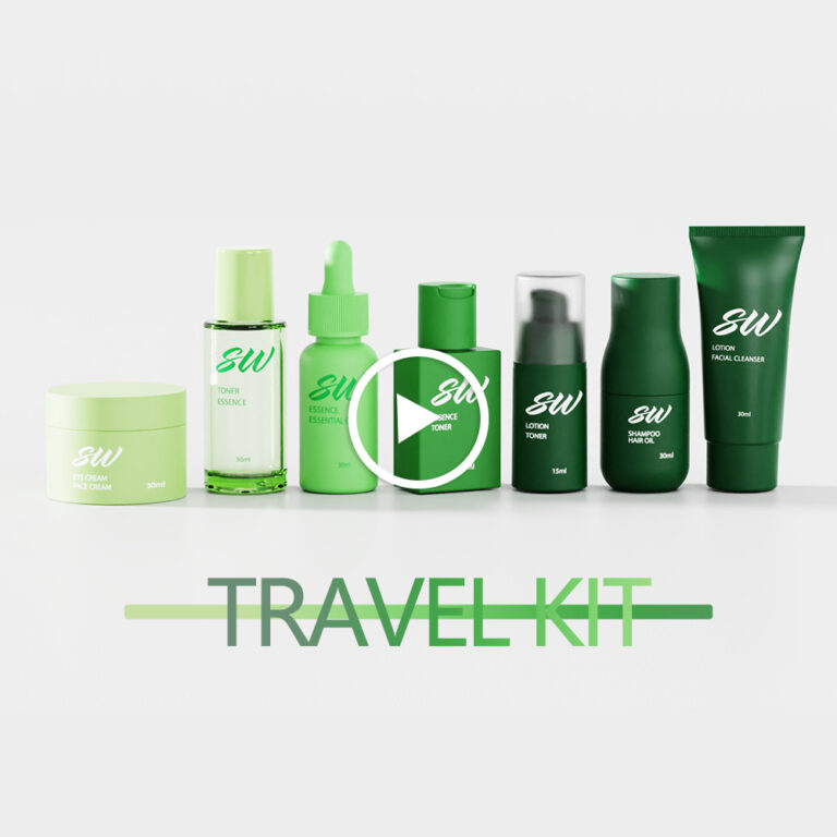 Green skincare travel set with creams, serums, cleansers; "SW" branded.