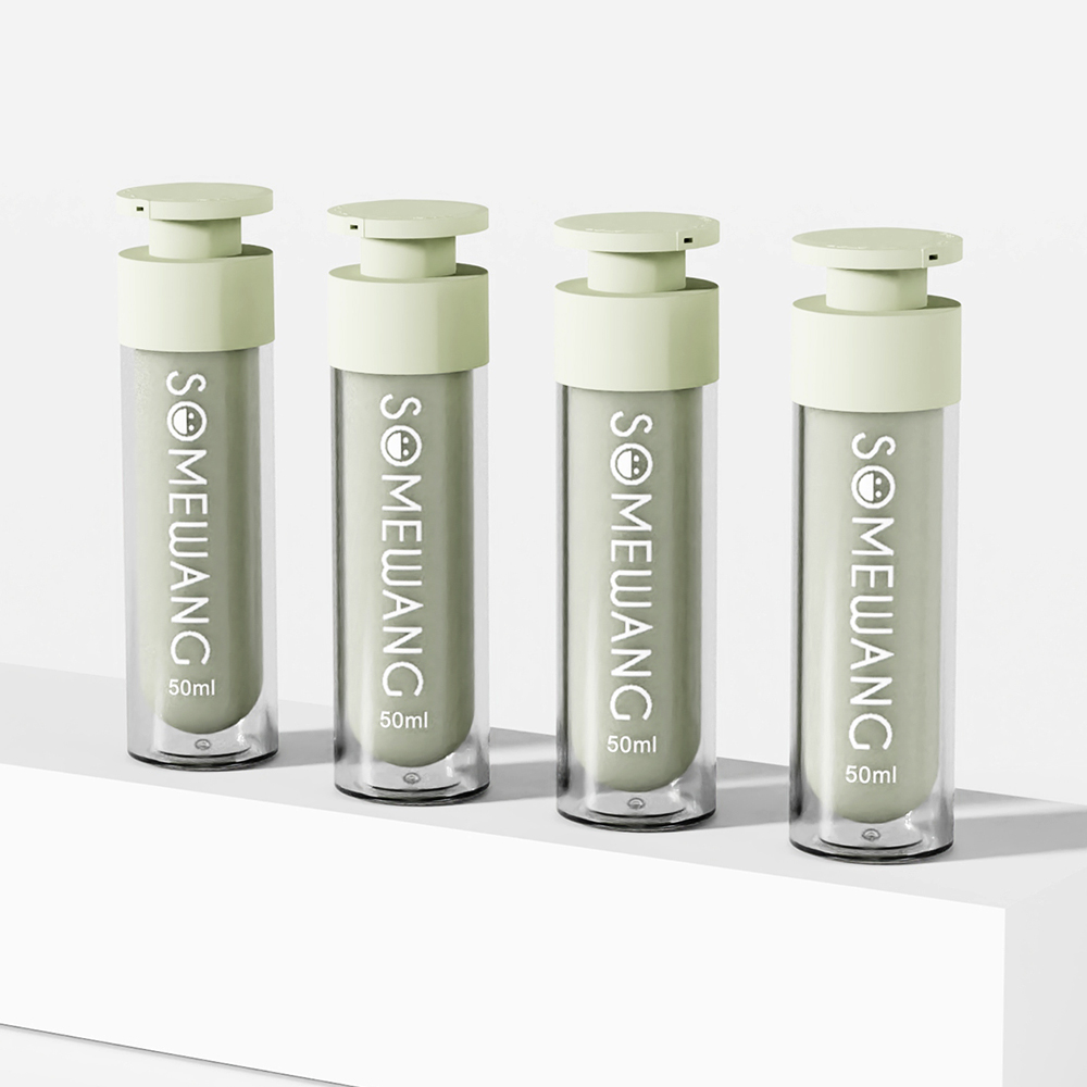 Four green 50ml SOMEWANG acrylic airless bottles with pumps are aligned on a white surface, designed to preserve serum elegantly.