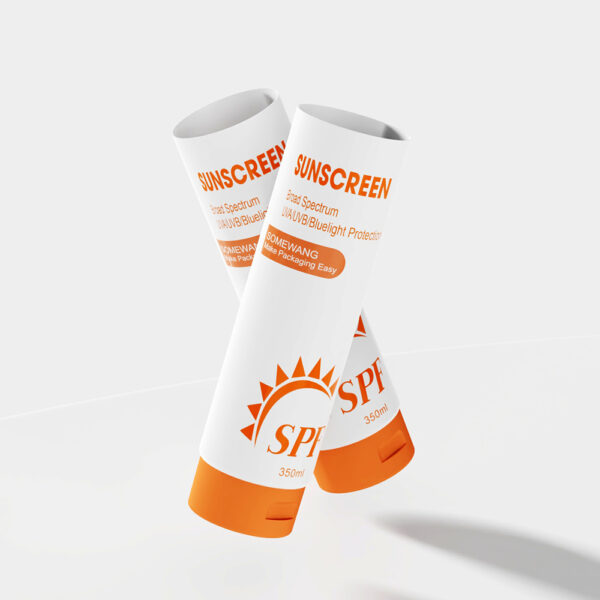 Two white 350ML tubes for lotion, orange caps, SPF details & branding combine style with protection.