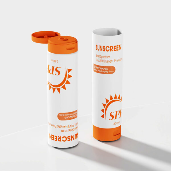 Two white and orange lotion bottles stand elegantly on a white surface; one is open upright, and the other, the D60 350ML PE tube, lies down.