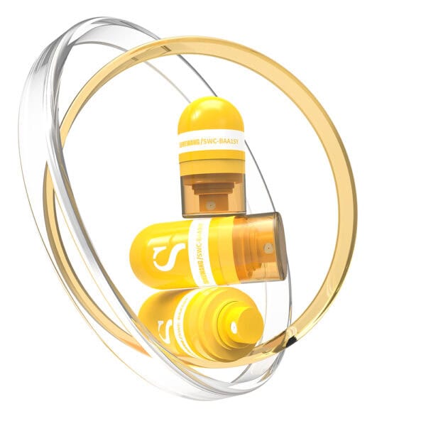 Three yellow capsules with white markings are in a clear yellow ring on white background, featuring Eco-friendly Biodegradable Cosmetic Tubes.