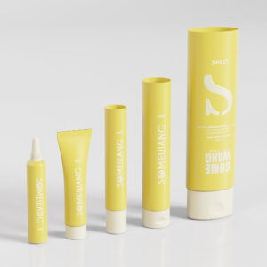 Five "Somewang" yellow skincare tubes, made of Plastic PE, D16mm-D40mm, offer sleek and versatile beauty packaging.