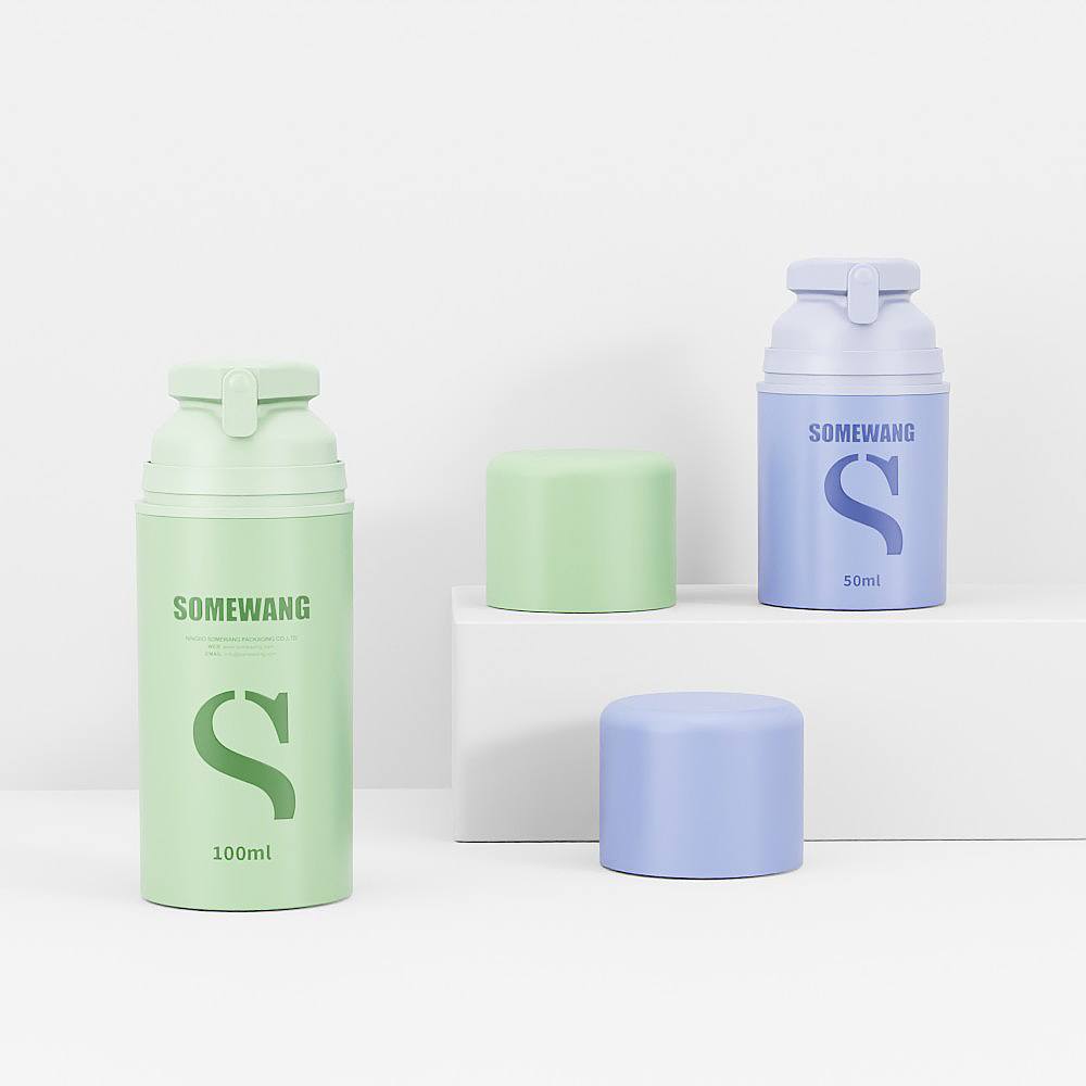 Two PP Airless Empty Serum Bottles (green 100ml, blue 50ml) on white platforms with matching caps offer versatile beauty storage.