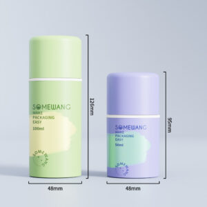 Twee SOMEWANG airless flessen: groen 100ml (126mm), paars 50ml (95mm), beide 48mm breed.