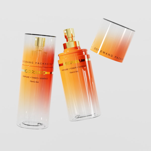 Three 75ml PET bottles in an orange gradient with gold accents: capped, mist sprayer, and open-top. They showcase "Somewang Packaging" elegance.