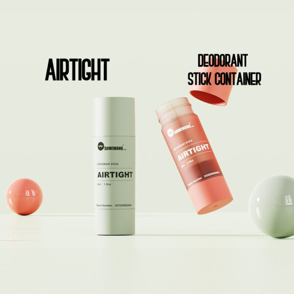 Due contenitori personalizzati da 40 g di deodorante stick in PP, etichettati "Airtight", presentano un design elegante. Uno è in piedi, l'altro è angolato e aperto con una pallina di pesca accanto.