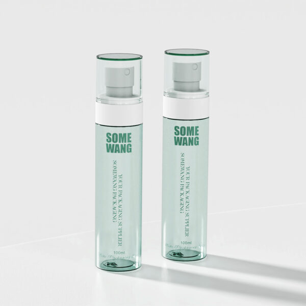 Two 100ml PET round bottles with green and white "SOME WANG" labels are neatly placed on a white surface.