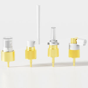 Four yellow and white spray nozzles (20/410 & 24/410 Customized Mist/Nasal Sprayer) are lined up on a light surface.