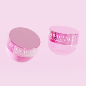 ขวดเครื่องสำอางสีชมพู "SOMEWANG Make Packaging Easy" สองขวด ได้แก่ ขวด PET ตั้งตรงขนาด 250 มล. พร้อมฝาเกลียว และขวดเปล่าใสเอียง