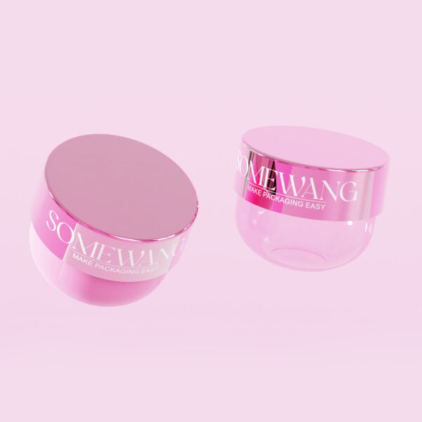 Two pink "SOMEWANG Make Packaging Easy" cosmetic jars: a 250ml upright PET jar with screw cap and a tilted, transparent, empty jar.