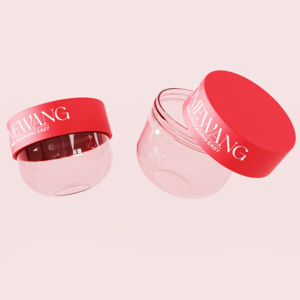 Two 250ml PET bowl-shaped cream jars, transparent with red caps, one open, one closed, on a light pink background.