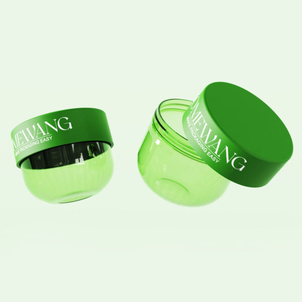 Dos recipientes PET verdes de 250 ml, uno abierto y otro cerrado, con "MEIWANG PACKAGING EASY" en texto blanco sobre tapas de color verde pálido.