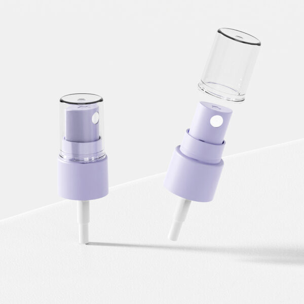 Two lavender mist sprayers with clear caps are shown, one cap floating. "Customized 18/410; 20/410; 28/410 Mist Sprayers" fit various bottles.