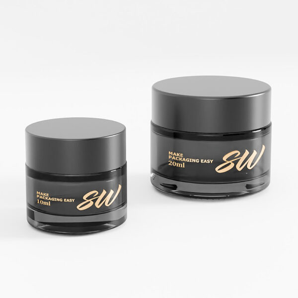 Two black cosmetic jars (10ml left, 20ml right) with grey lids and labels "SW" and "Make Packaging Easy" fit 18/410 glass bottles.