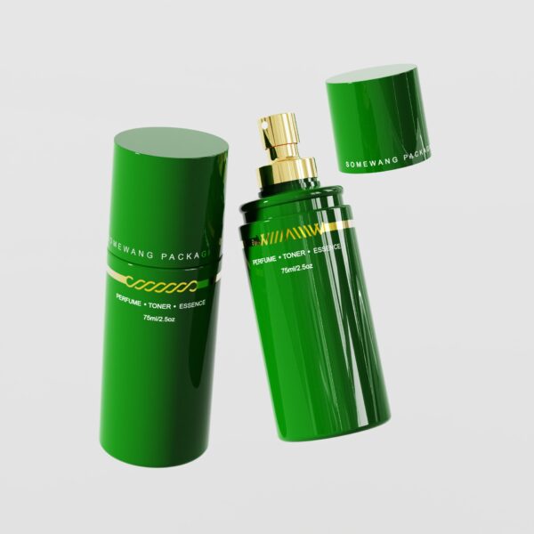 75ml green PET bottle with a gold sprayer, labeled "Perfume + Toner + Essence." A sleek, all-in-one beauty solution.