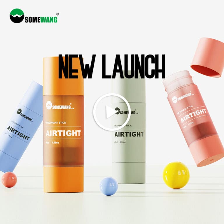 Colorful deodorant sticks in "Airtight" containers from Somewang are showcased with playful spheres; text reads "New Launch.