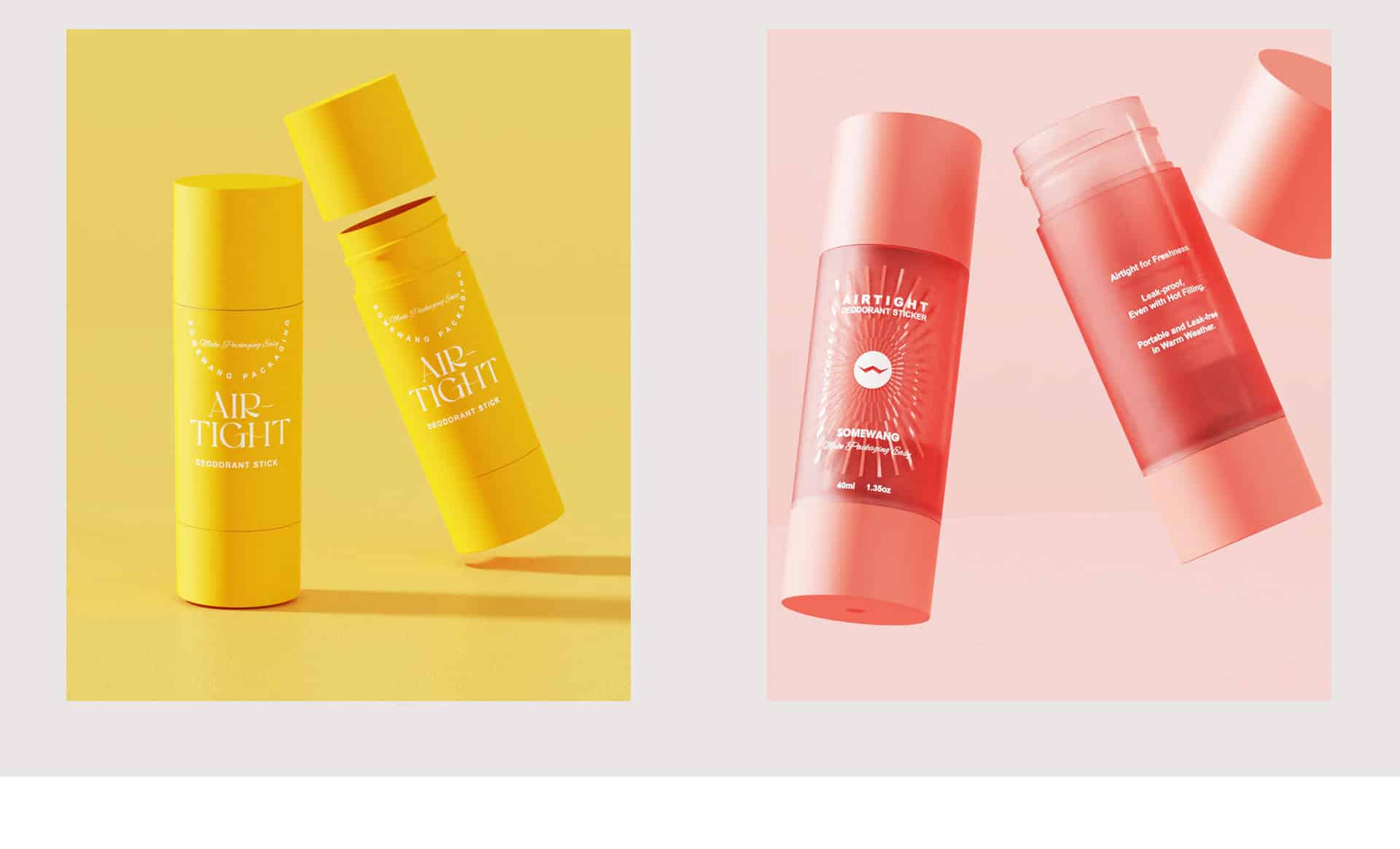 Deux sticks déodorants : « Air-Tight » en jaune, « Peppermint » en rose, présentés sur des fonds contrastés jaune et rose.