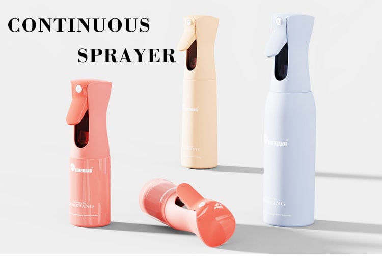 Penyembur pastel (merah jambu, pic, krim, biru) pada latar belakang cahaya; satu mendatar. Teks: "Penyembur Berterusan.