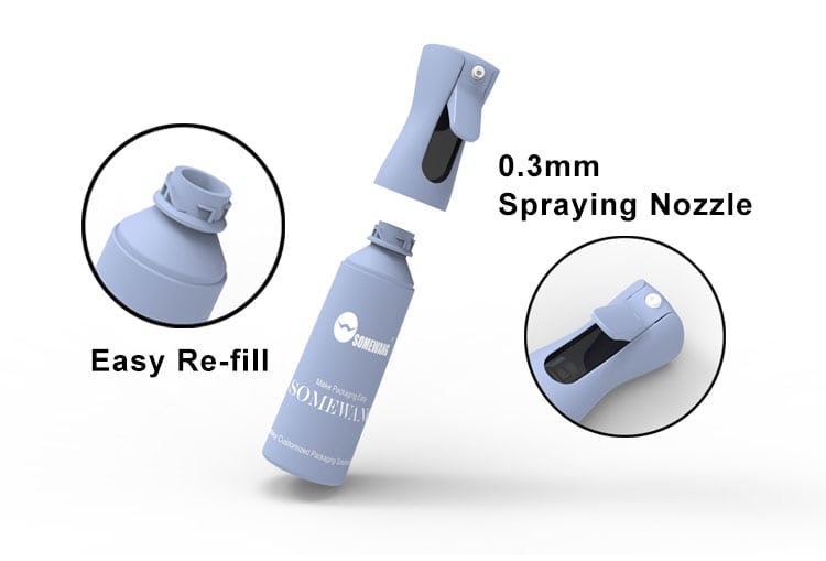 Biru muda "Penyembur Berterusan SOMETHIN" dengan muncung 0.3mm dan isi semula mudah, ditunjukkan dari pelbagai sudut.