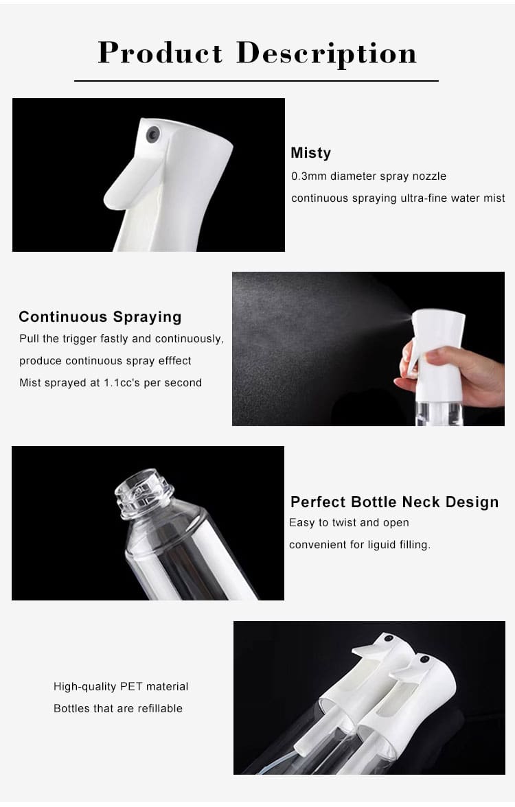 Penerangan produk: muncung berkabus, semburan berterusan, reka bentuk leher yang ideal, bahan PET boleh isi semula berkualiti tinggi.