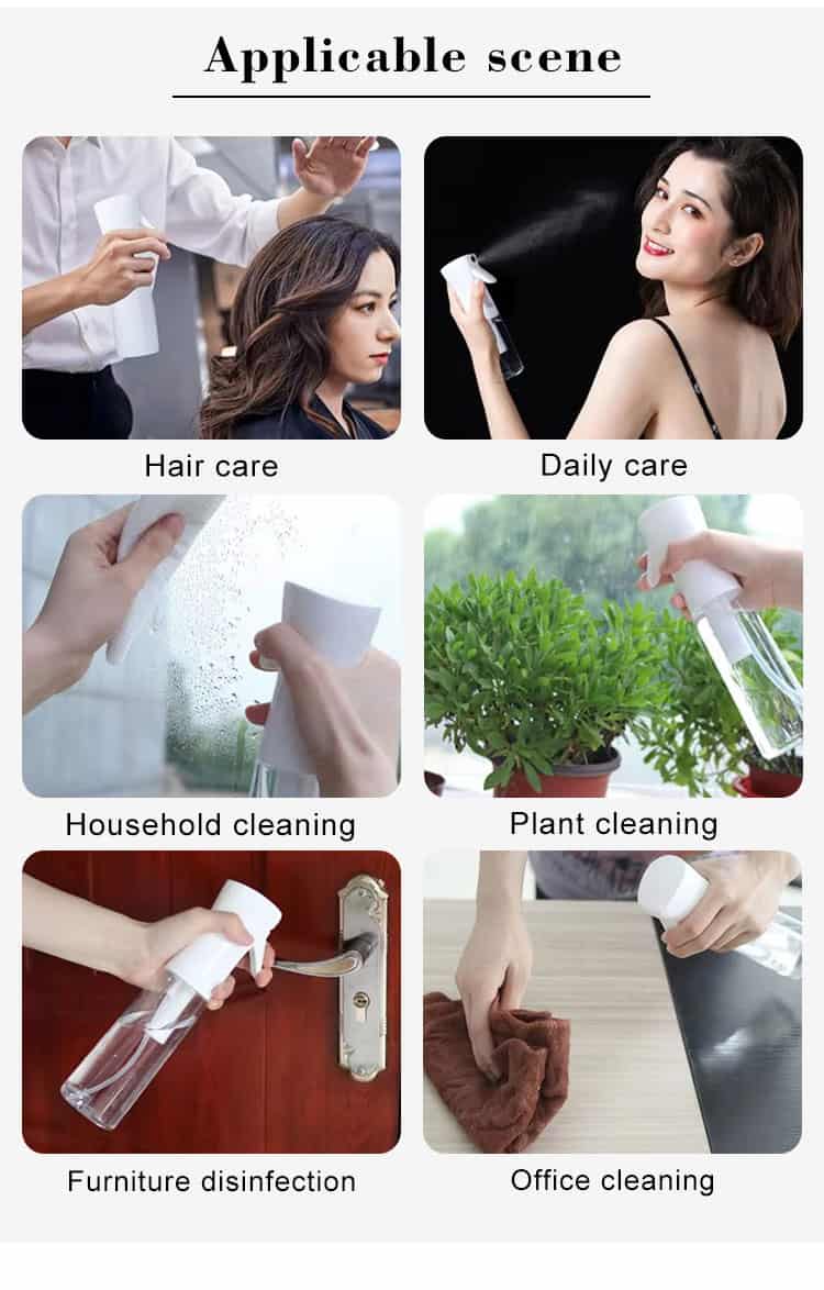 Kolaj menunjukkan kegunaan botol semburan: penjagaan rambut, pembersihan harian dan pejabat, pembersihan tumbuhan, pembasmian kuman perabot.