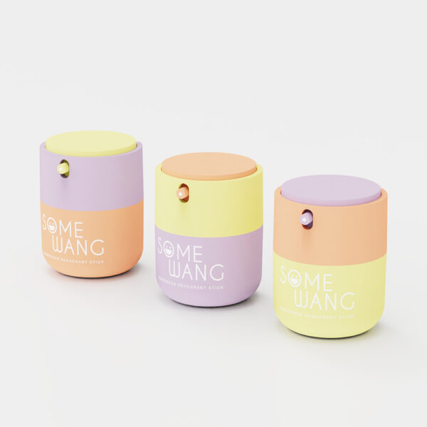 Três garrafas plásticas sem ar AS de 50 ml com designs pastéis personalizáveis (amarelo/roxo, roxo/amarelo, pêssego/laranja) apresentam um formato cilíndrico e um pequeno botão.