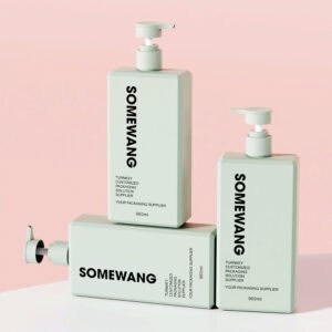 Three green "SOMEWANG" 960ml PET Shampoo Bottles with pumps on a pink background; one lies down, two stand upright.