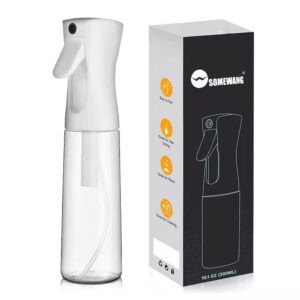 Weiße Sprühflasche, 10,1 oz (300 ml), neben einer schwarzen Box mit Symbolen für die Verwendung: Haarstyling, Pflanzenpflege und Reinigen.