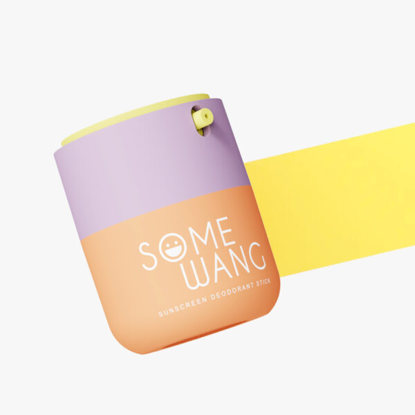 A customizable 50ml airless bottle with a purple-orange gradient stands beside a yellow swatch.