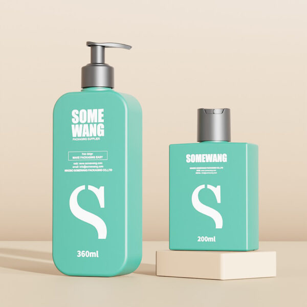 Two teal "SOME WANG" bottles with gray pumps on a beige surface: left is 360ml (taller), right is 200ml (shorter), both with white logos.