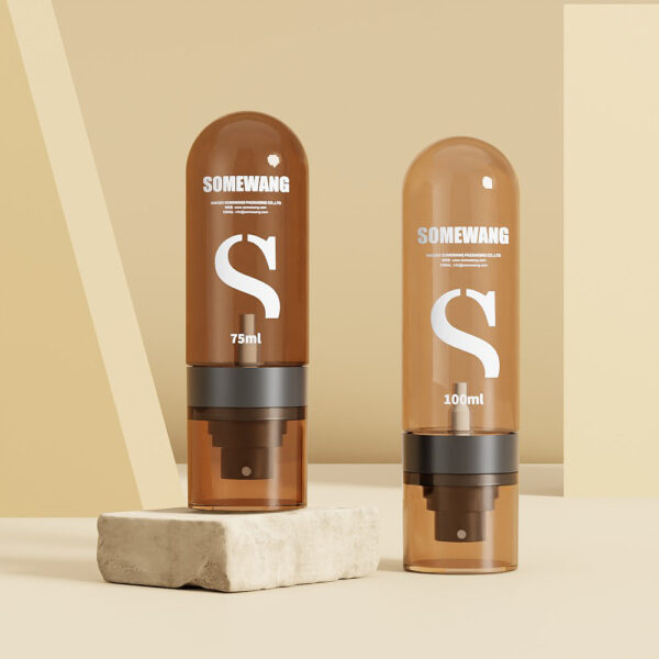 Two brown "SOMEWANG" containers (75ml & 100ml) on a minimalist beige background with a rectangular block.