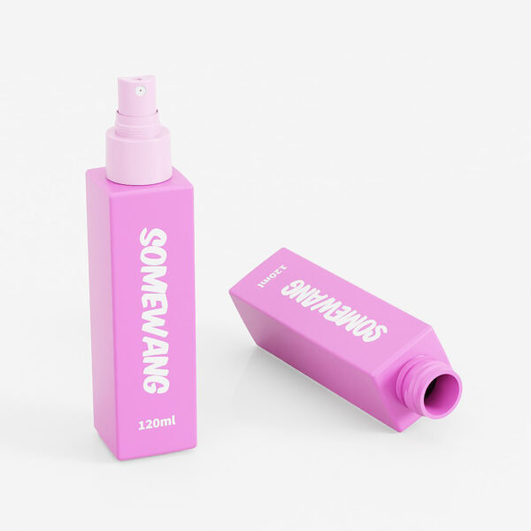 Two pink "SOMEWANG" bottles: one upright with a spray nozzle, and another lying sideways without its lid.